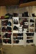 Womens Dress Shoes, Boots, and Misc. Women's Shoes, and (4) Wooden Cabinets