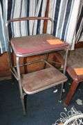 (4) TV Dinner Trays and Stand, Glass Top End Table, Step Stool, Metal Bottom Cushioned Stool, and Hanging Basket