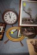 Ship Wheel Clock, Framed Pictures, Clock, and Misc. Wall Hangings