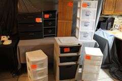 4 Piece Sterilite Plastic Containers, 3 Drawer Plastic Container, 3 Drawer Sun-cast Plastic Container, (2) Waste Baskets, 4 Drawer Plastic Container on Wheels, 3 Drawer Sterilite Storage Chest, and 3 Section Cubby Rack