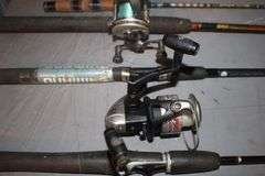 Garcia 5500 Rod and Reel, (3) Shimano Rods and Reels, and (2) Fishing Rods