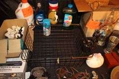 Lasonic Digital to Analog Converter, Marbles, Wooden Utensil Organizer, Decanters, Cleaning Supplies, Coasters, Bracelets, Necklaces, Silver Plate Cups and Pitcher, Silver Plate Canisters, Smart Shelf, and Misc.
