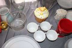 Glass Vases, Hot Plates, Hand Towels, Cookie Jar, Percolator, Bristol Cups, Plates, Saucers, Bowls, and Misc.