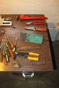 18 Inch Pipe Wrench, Screwdrivers, Rivet Gun, Adjustable Wrenches, Scissors, Staple Gun, Speed Square, 1/4 Inch Staples, and Misc.