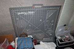 Pattern Cutting Boards, Sewing Pad, Thread, Fabric, Blanket Pieces, White Sew Quick, Crafting Supplies, and Misc.