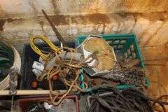 Wooden Baseball Bat, Curtain Rods, Crowbar, Electric Wire, Black and Decker Drill, and Misc.