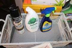 Door Beads, Frog Decorations, Plastic Toolbox, Step Stool, Vases, Pitcher, Lined Wicker Basket, Cleaning Supplies, and Misc.