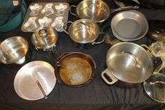 Farberware Skillets, Cuisinart Stainless Pots with Lids, Baking Pans, Metal Strainer, and Pyrex Baking Dish Carrier