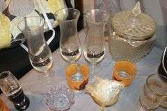 Ice Bucket, Punch Cups, Glass Boot, Drink Dispenser with Cups, 1985-86 Louisville Basketball Glass, Shot Glasses, and Misc. Glassware
