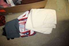 Belts, Blankets, Fabric, 2 Drawer Plastic Container, Sterilite Single Drawer Container, Wash Cloths, and Misc.