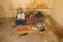 Wooden Baseball Bat, Curtain Rods, Crowbar, Electric Wire, Black and Decker Drill, and Misc.