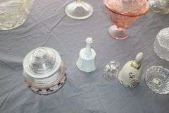 Pink Depression Candy Dish, Cake Stand, Candy Dishes, Glass Punch Bowl, Bells, and Misc. Glassware