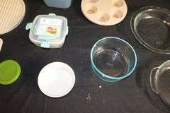 Pyrex Glass Dishes with Lids, (2) Anchor Hocking Glass Baking Dishes, Muffin Tray, Igloo Container, and Misc.