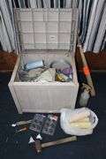Suncast Deck Box, Baseball Bat, Septic Snake, Wire, Hammer, Wire Brush, and Misc.