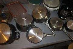 6.5 Inch Number 3 Cast Iron Skillet, Calphalon Skillet, (2) Coffee Makers, Strainers, Pots with Lids, and Misc.