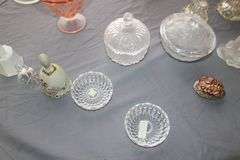 Pink Depression Candy Dish, Cake Stand, Candy Dishes, Glass Punch Bowl, Bells, and Misc. Glassware