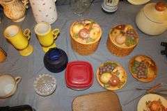 Santa Claus Mugs, Candy Dish, Glass Pitcher, Fondue Pot, Cake Mold, Candle Holders, Peculator, Canisters, and Misc.