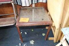 (4) TV Dinner Trays and Stand, Glass Top End Table, Step Stool, Metal Bottom Cushioned Stool, and Hanging Basket