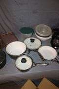 6.5 Inch Number 3 Cast Iron Skillet, Calphalon Skillet, (2) Coffee Makers, Strainers, Pots with Lids, and Misc.
