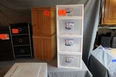 4 Piece Sterilite Plastic Containers, 3 Drawer Plastic Container, 3 Drawer Sun-cast Plastic Container, (2) Waste Baskets, 4 Drawer Plastic Container on Wheels, 3 Drawer Sterilite Storage Chest, and 3 Section Cubby Rack