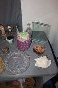 Grape Cookie Jar, Cast Iron Chicken, Deer Statue, Glass Display Frame, Vase, Figurines, and Misc.