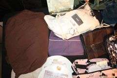 Lawn Food and Drink Table, Coach Purse, Guess Purse, Handbags, Toiletry Bags, Towels, and Misc.