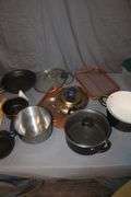 6.5 Inch Number 3 Cast Iron Skillet, Calphalon Skillet, (2) Coffee Makers, Strainers, Pots with Lids, and Misc.