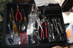 (3) Pairs ID Sawhorse Legs, Thorsen Allied Tool Kit, Pliers, Screwdrivers, License Plates, Halogen Headlight, Le Presse Food Slicer, Jacket, and Misc.