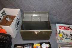 Metal Box, Monopoly Board Game, Extension Cords, Envelopes, (2) Plastic Baskets, Paint Roller, Office Supplies, and Misc.