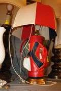 (2) White Lamps with Globes, (6) Lamps, (2) Wooden Base Lamps, and Golf Bag Lamp