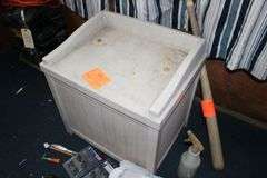 Suncast Deck Box, Baseball Bat, Septic Snake, Wire, Hammer, Wire Brush, and Misc.