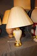 (2) White Lamps with Globes, (6) Lamps, (2) Wooden Base Lamps, and Golf Bag Lamp