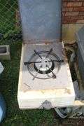 Sunbeam Grill, Rubbermaid Trash Can, Gott Cooler, and Simply 10.5 Gallon Metal Trash Can