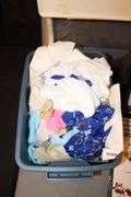 (2) Plastic Covered Trays, Plastic Bins, Plastic Tote, White Plastic End Table, Super Sliders, 3 Drawer Cubby, Fabric, and Misc.