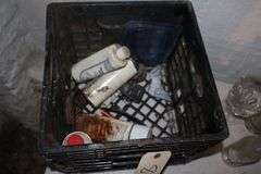 Glass Soda Bottles, 1993 Derby Glass, Coffee Mugs, Power Strip, Milk Crate, and Misc.