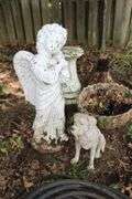 Concrete Angel Statue, (2) Concrete Bird Bath Bases, Plastic Dog, Concrete Bowl, and Water Hose