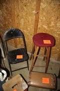 Barstool, (2) Stool Frames, Step Stool, Folding Chair, and Wooden Seat on Wheels