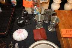 Lasonic Digital to Analog Converter, Marbles, Wooden Utensil Organizer, Decanters, Cleaning Supplies, Coasters, Bracelets, Necklaces, Silver Plate Cups and Pitcher, Silver Plate Canisters, Smart Shelf, and Misc.