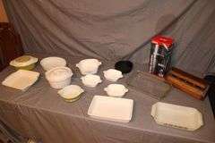 Corningware 12 oz. Baking Dishes, Pyrex Baking Dish with Lid, Glass Pyrex Baking Dish, Fire King Baking Dish, Thermos, and Misc.