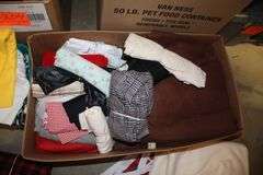 Belts, Blankets, Fabric, 2 Drawer Plastic Container, Sterilite Single Drawer Container, Wash Cloths, and Misc.