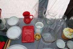 Glass Vases, Hot Plates, Hand Towels, Cookie Jar, Percolator, Bristol Cups, Plates, Saucers, Bowls, and Misc.