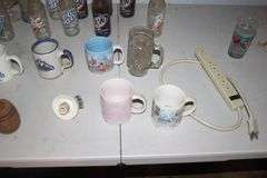 Glass Soda Bottles, 1993 Derby Glass, Coffee Mugs, Power Strip, Milk Crate, and Misc.