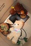 Wooden Coat Rack, Plant Stand, Bicycle Decoration, 3 Tier Wooden Serving Tray, Stuffed Bears, Broom, Elephant Decorations, and Misc. Decorations
