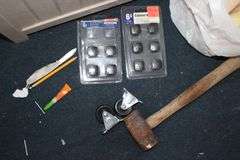 Suncast Deck Box, Baseball Bat, Septic Snake, Wire, Hammer, Wire Brush, and Misc.