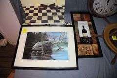 Ship Wheel Clock, Framed Pictures, Clock, and Misc. Wall Hangings