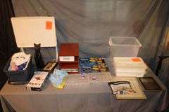 (2) Plastic Covered Trays, Plastic Bins, Plastic Tote, White Plastic End Table, Super Sliders, 3 Drawer Cubby, Fabric, and Misc.