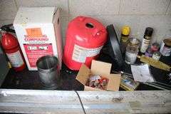 5 Gallon Portable Oil Drain Dolly, Sprayer, Fire Extinguisher, Floor Compound, Shop Light, and Misc.