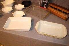 Corningware 12 oz. Baking Dishes, Pyrex Baking Dish with Lid, Glass Pyrex Baking Dish, Fire King Baking Dish, Thermos, and Misc.