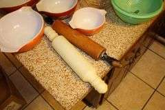 Pyrex Mixing Bowls, Plastic Measuring Cups, Glass Bowls, Strainer, (2) Sifters, Biscuit Cutters, and Misc.