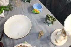 Door Beads, Frog Decorations, Plastic Toolbox, Step Stool, Vases, Pitcher, Lined Wicker Basket, Cleaning Supplies, and Misc.